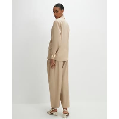 Beige Barrel Leg Tailored Trousers