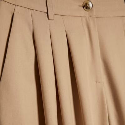 Beige Barrel Leg Tailored Trousers
