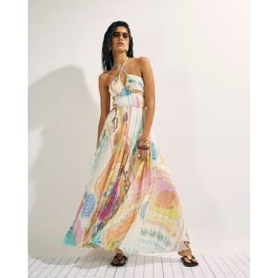 Orange Halter Neck Pleated Maxi Dress