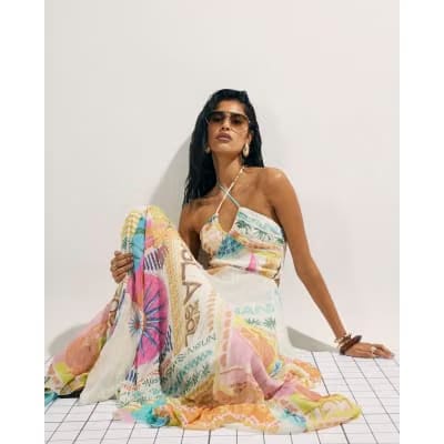 Orange Halter Neck Pleated Maxi Dress