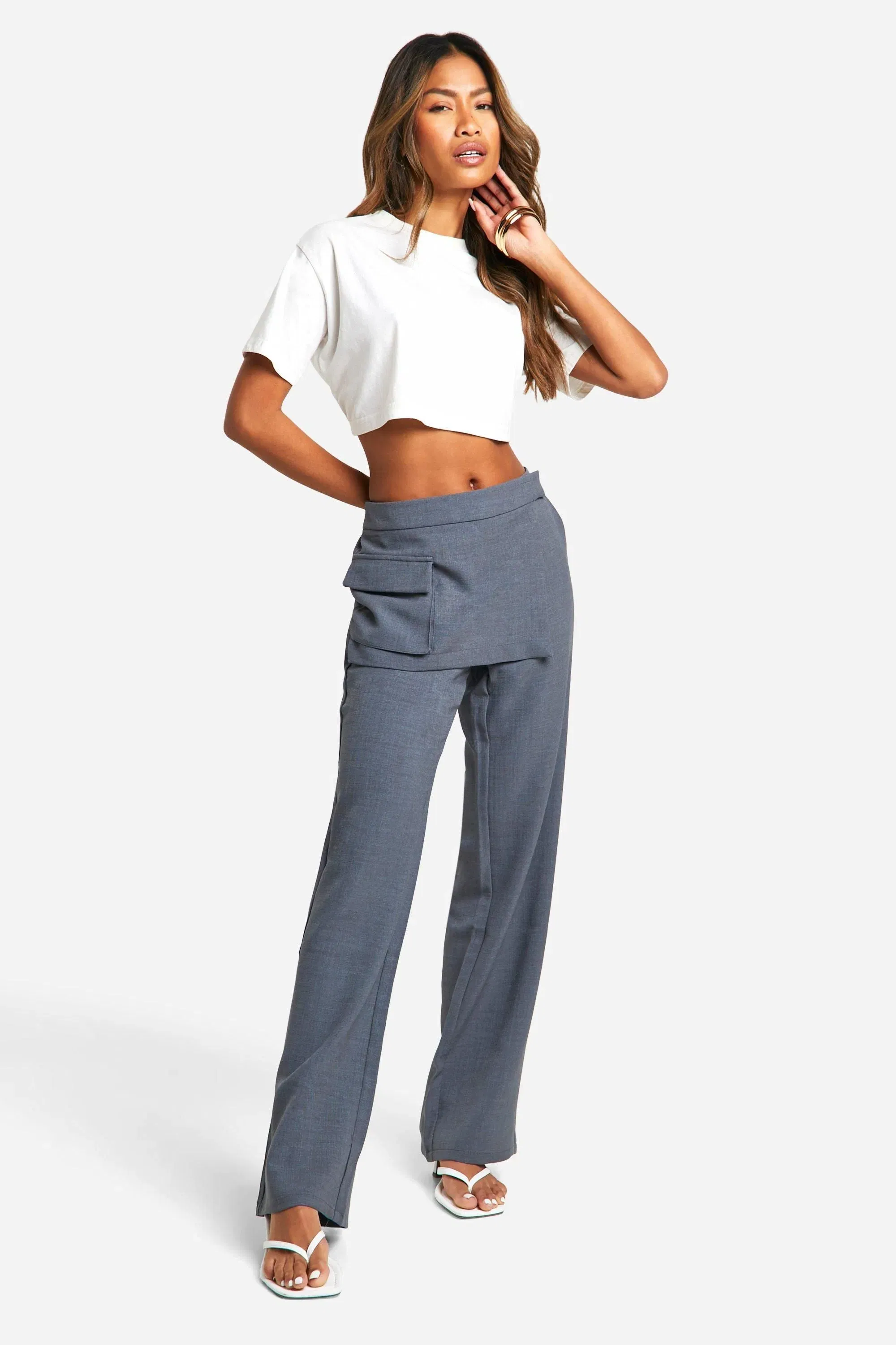 Textured Straight Leg Trouser With Skirt Overlay