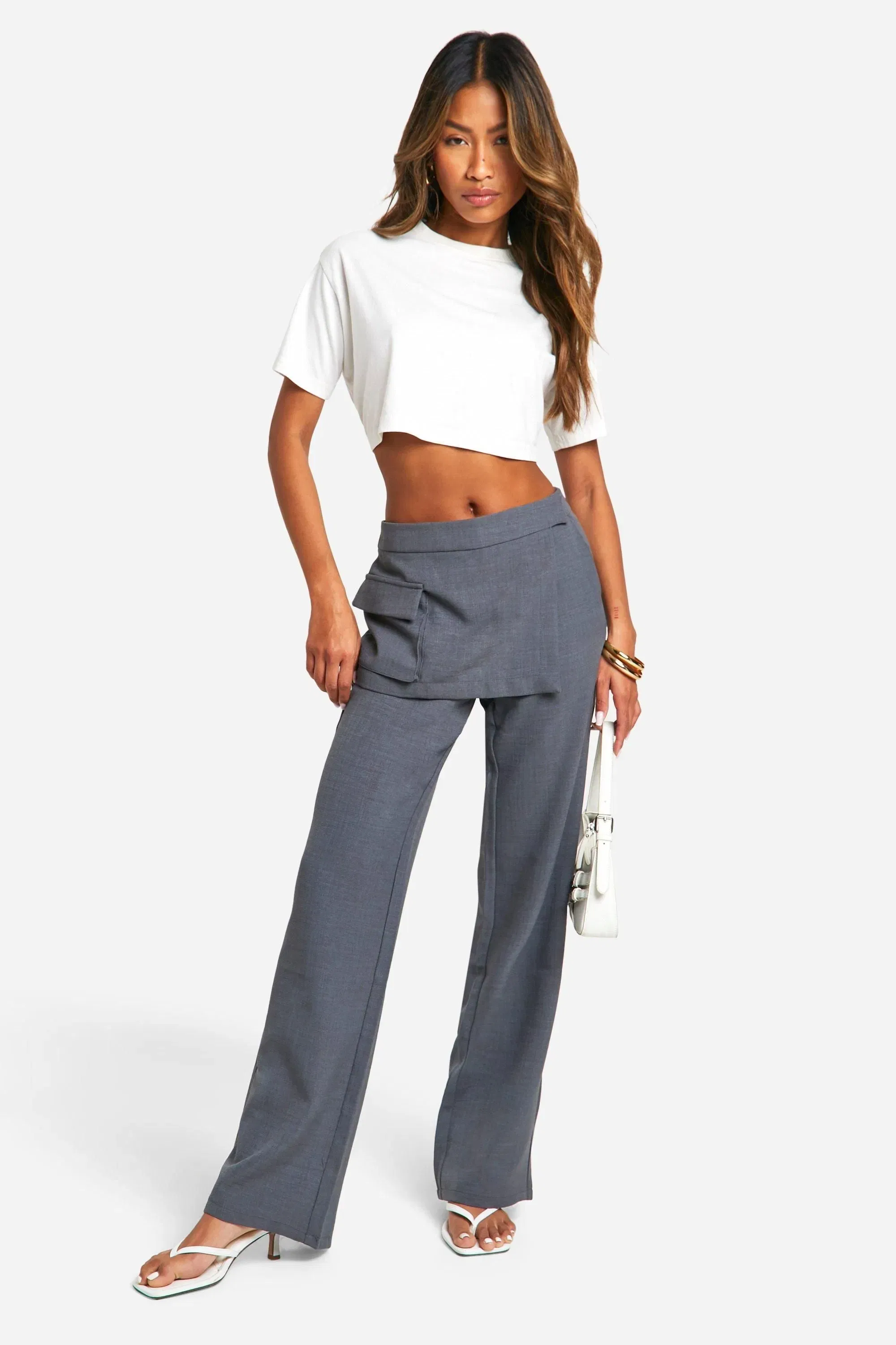 Textured Straight Leg Trouser With Skirt Overlay