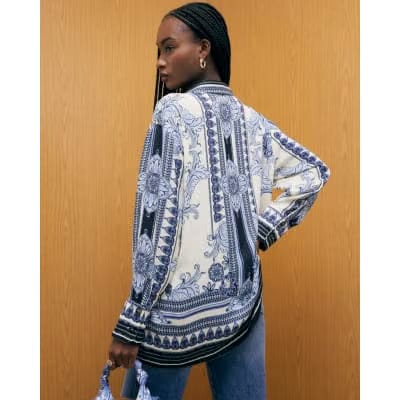 Blue Satin Border Print Shirt
