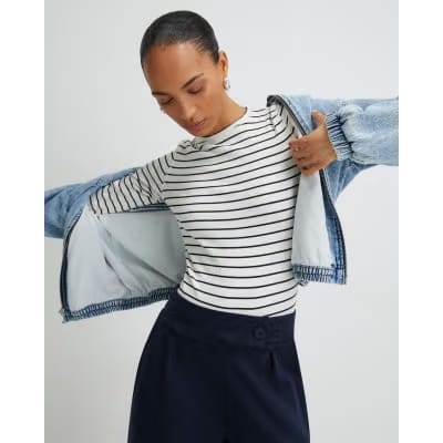 White Long Sleeve Ribbed Crew Neck Stripe Top