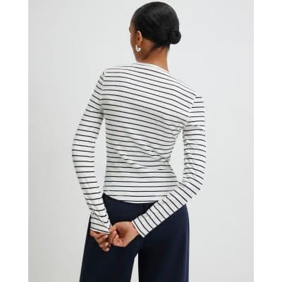 White Long Sleeve Ribbed Crew Neck Stripe Top