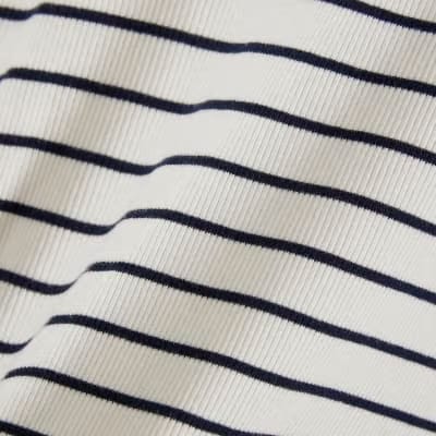 White Long Sleeve Ribbed Crew Neck Stripe Top