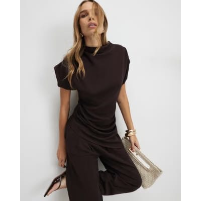 Brown Premium Short Sleeve Gathered Side Top