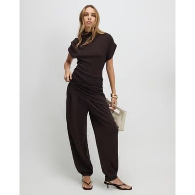 Brown Premium Short Sleeve Gathered Side Top