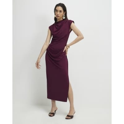 Red Sleeveless Ruched Midi Dress