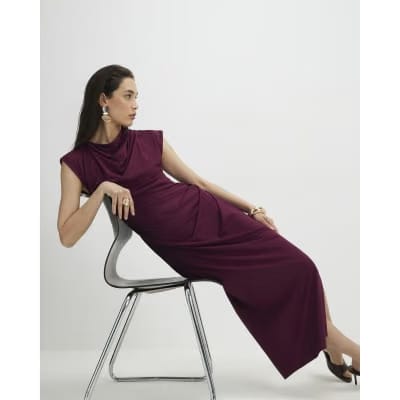 Red Sleeveless Ruched Midi Dress