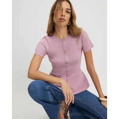 Pink Peplum Ribbed Knitted Top