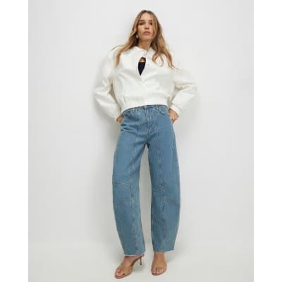 Blue Seamed Raw Hem Barrel Leg Jeans