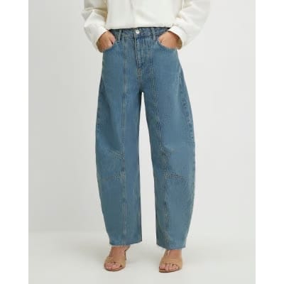 Blue Seamed Raw Hem Barrel Leg Jeans