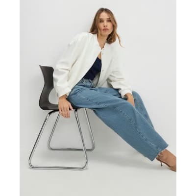 Blue Seamed Raw Hem Barrel Leg Jeans