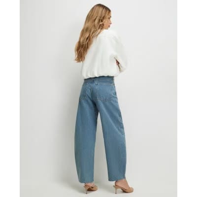 Blue Seamed Raw Hem Barrel Leg Jeans