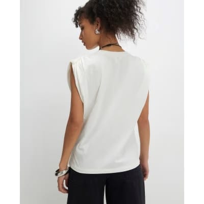 Cream Premium Ruched Shoulder T-shirt