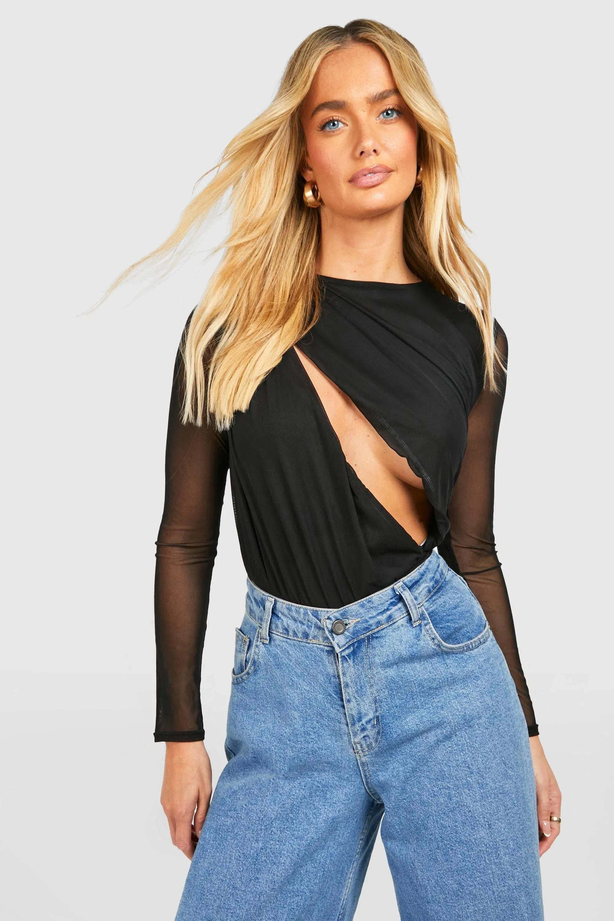 Ruched Mesh Cut Out Long Sleeve Bodysuit