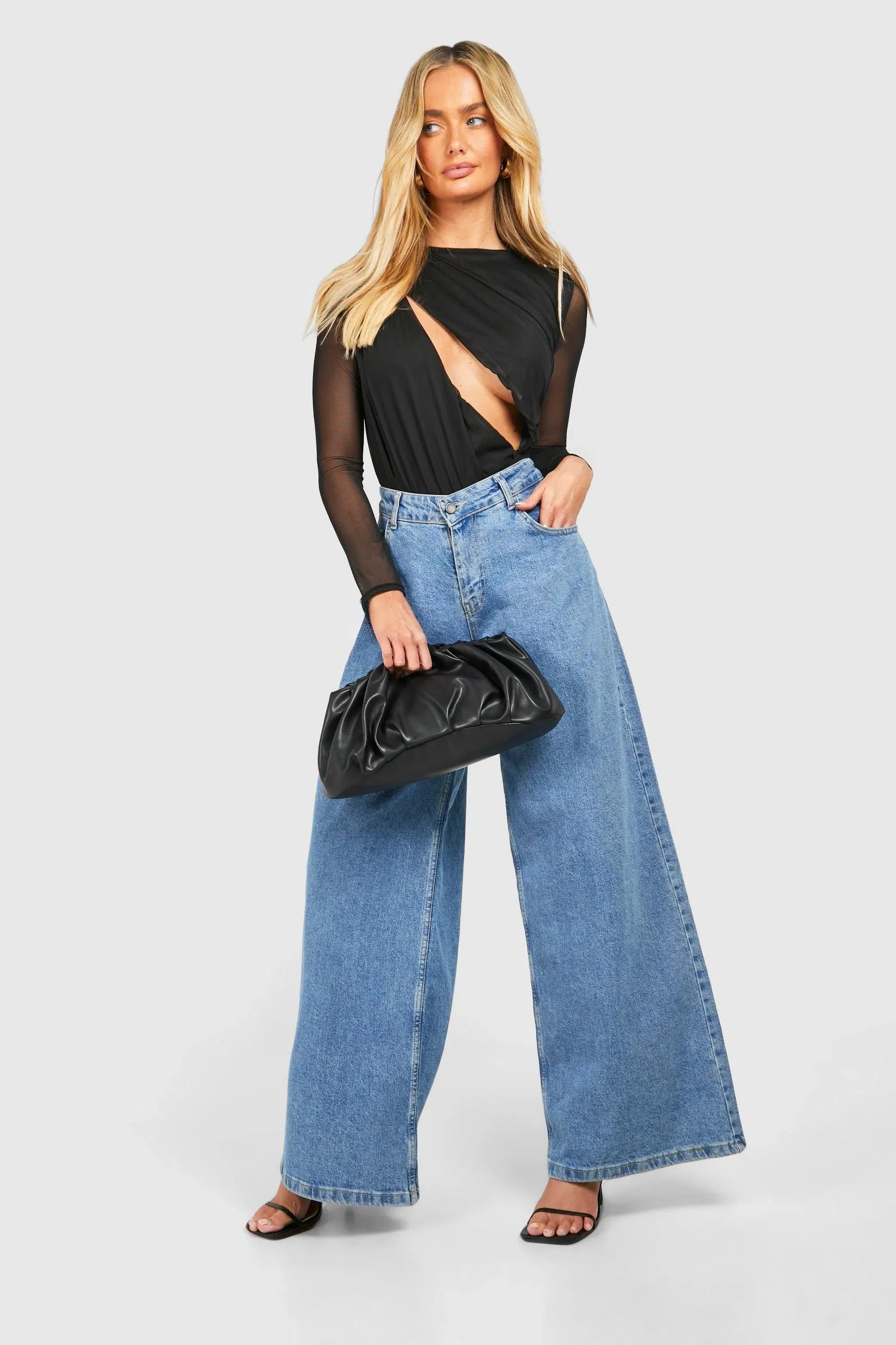 Ruched Mesh Cut Out Long Sleeve Bodysuit