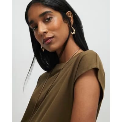 Khaki Loose Fit Short Sleeve Top