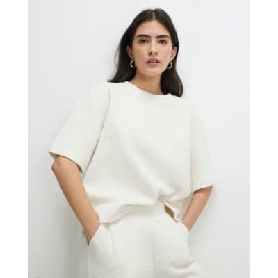 Petite Cream Short Sleeve Jacquard T-shirt
