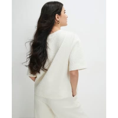 Petite Cream Short Sleeve Jacquard T-shirt