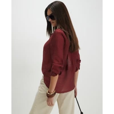 Red Oversized Long Sleeve Blouse