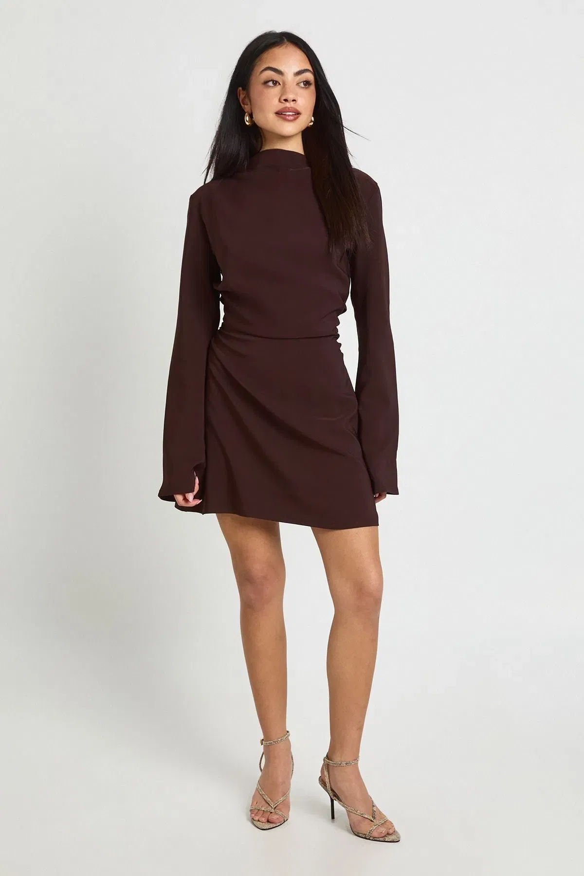 Long Sleeve Ruched High Neck Shift Dress