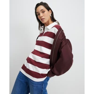 Red Long Sleeve Striped Rugby Top