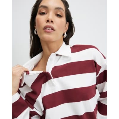 Red Long Sleeve Striped Rugby Top