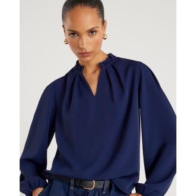 Navy Frill Trim Long Sleeve Top
