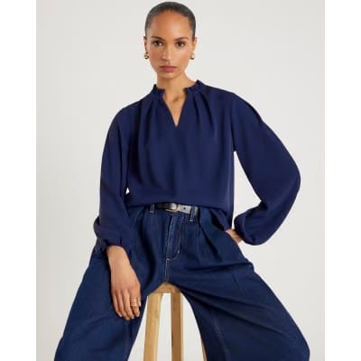 Navy Frill Trim Long Sleeve Top