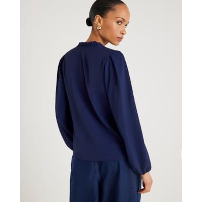 Navy Frill Trim Long Sleeve Top