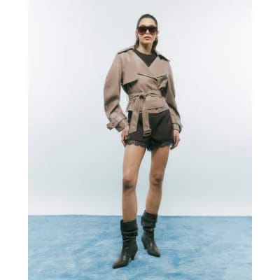 Beige Faux Leather Belted Trench Jacket