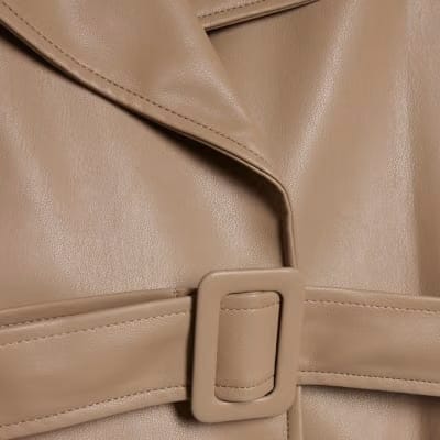 Beige Faux Leather Belted Trench Jacket