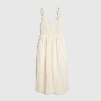 Petite Cream Poplin Broderie Hem Midi Dress