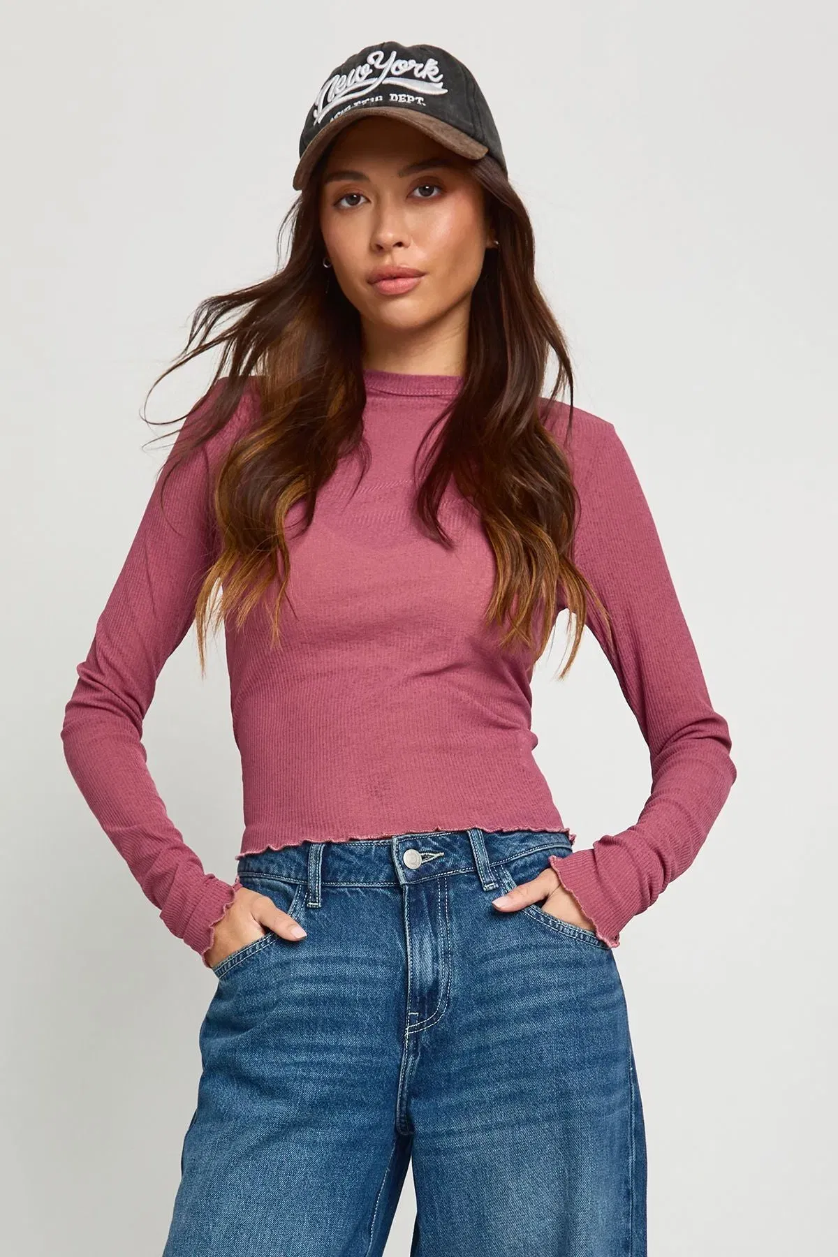 Ribbed Textured Mesh Long Sleeve Top