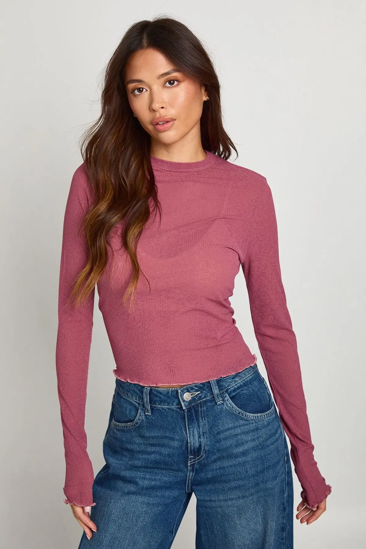 Ribbed Textured Mesh Long Sleeve Top