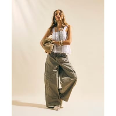 Beige Wide Leg Cargo Trousers