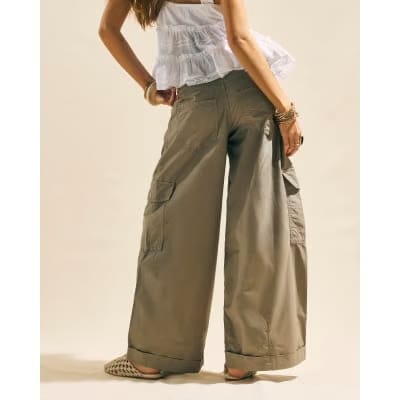 Beige Wide Leg Cargo Trousers