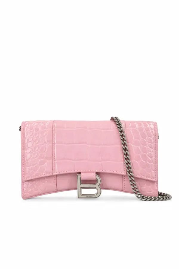 BALENCIAGA Hourglass Croc leather wallet on chain Pink