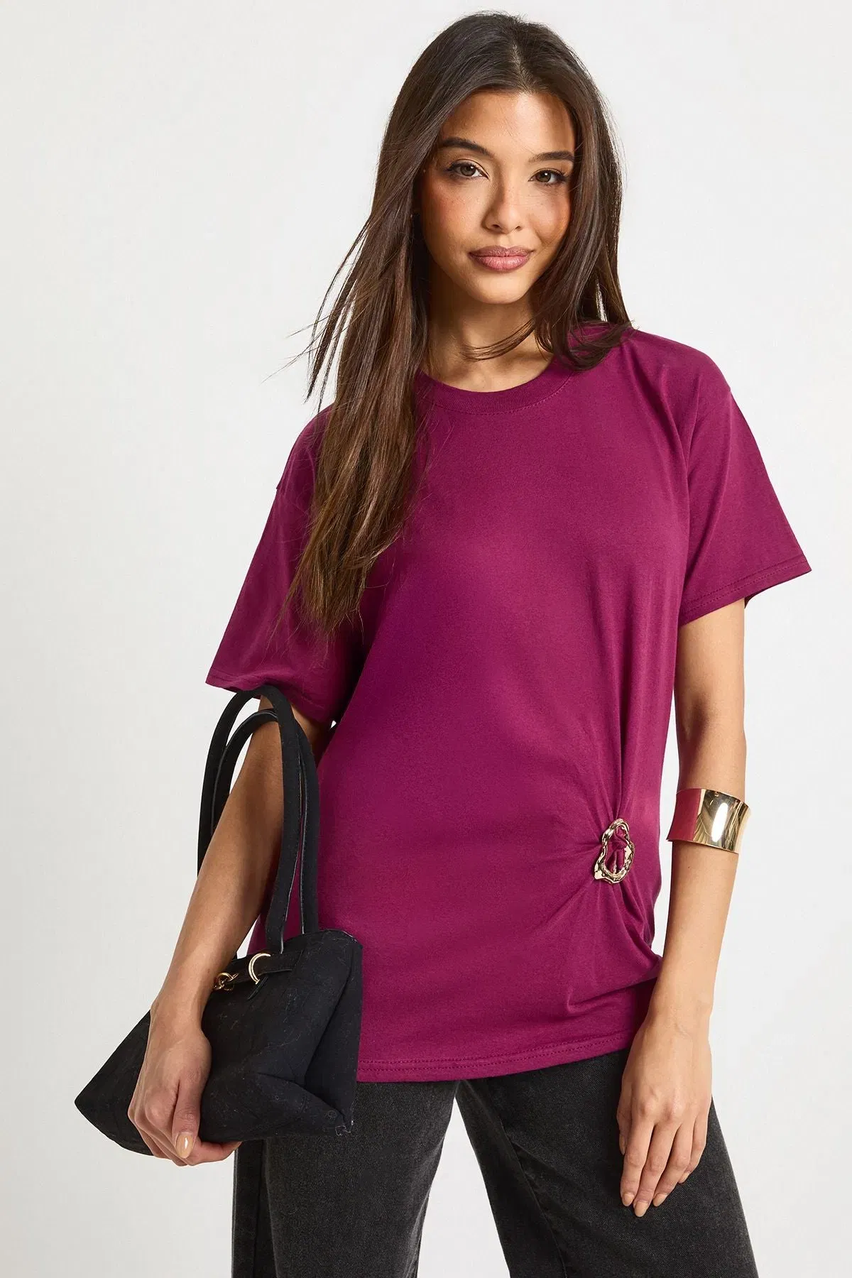 Ring Trim Gathered T-Shirt