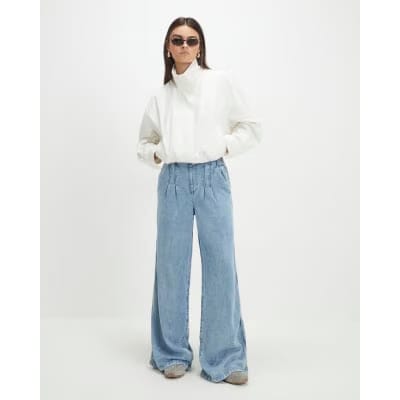 Blue Elasticated Dart Front Wide Leg Jeans