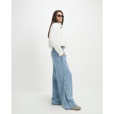 Blue Elasticated Dart Front Wide Leg Jeans