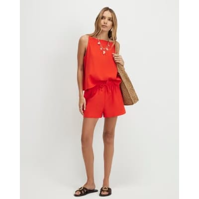 Red Linen Blend Shorts