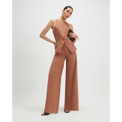 Brown Collarless Asymmetric Jumpsuit