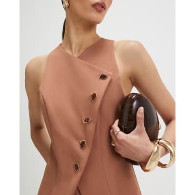 Brown Collarless Asymmetric Jumpsuit