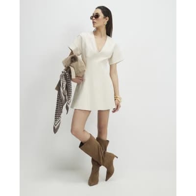 Cream Seamed Short Sleeve Denim Dress
