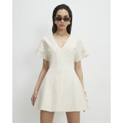Cream Seamed Short Sleeve Denim Dress