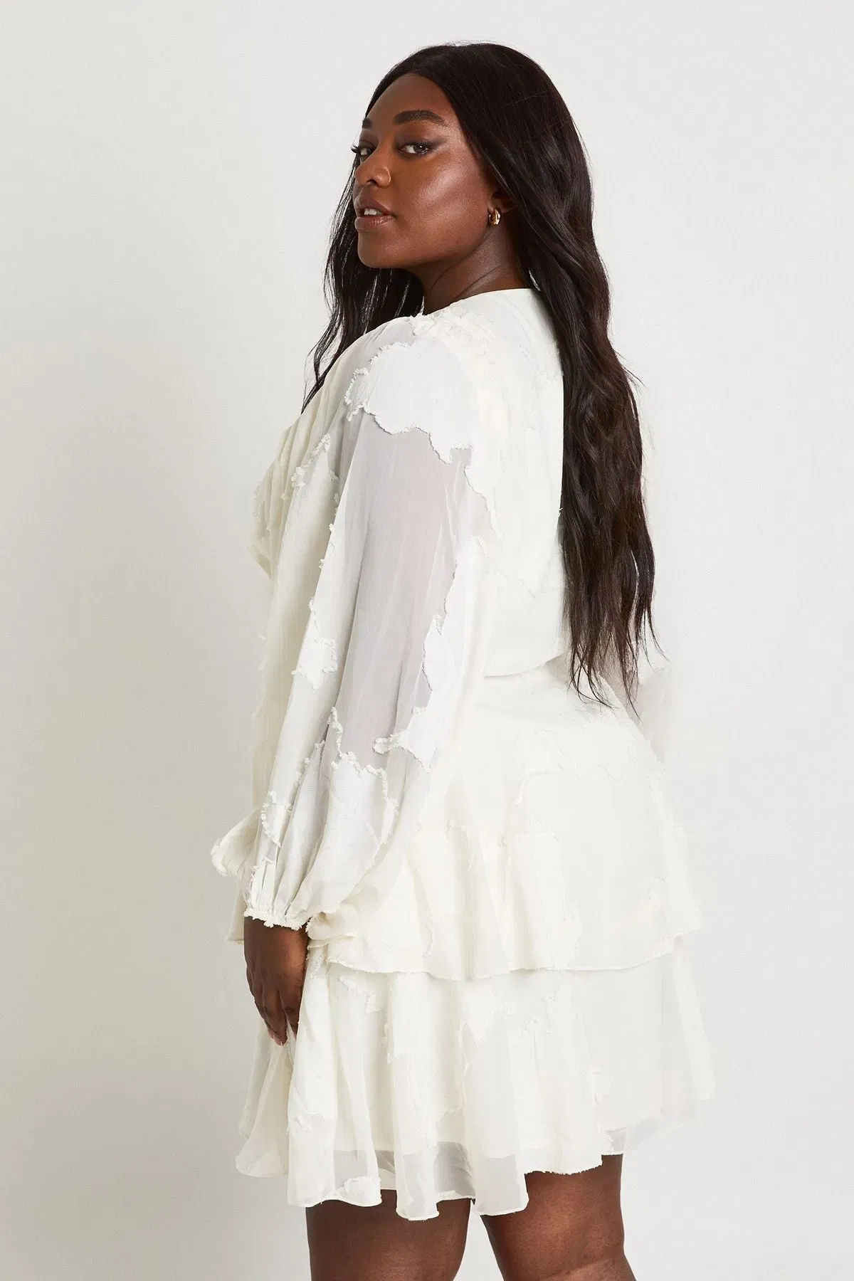 Plus Floral Burnout Volume Sleeve Ruffle Hem Skater Dress