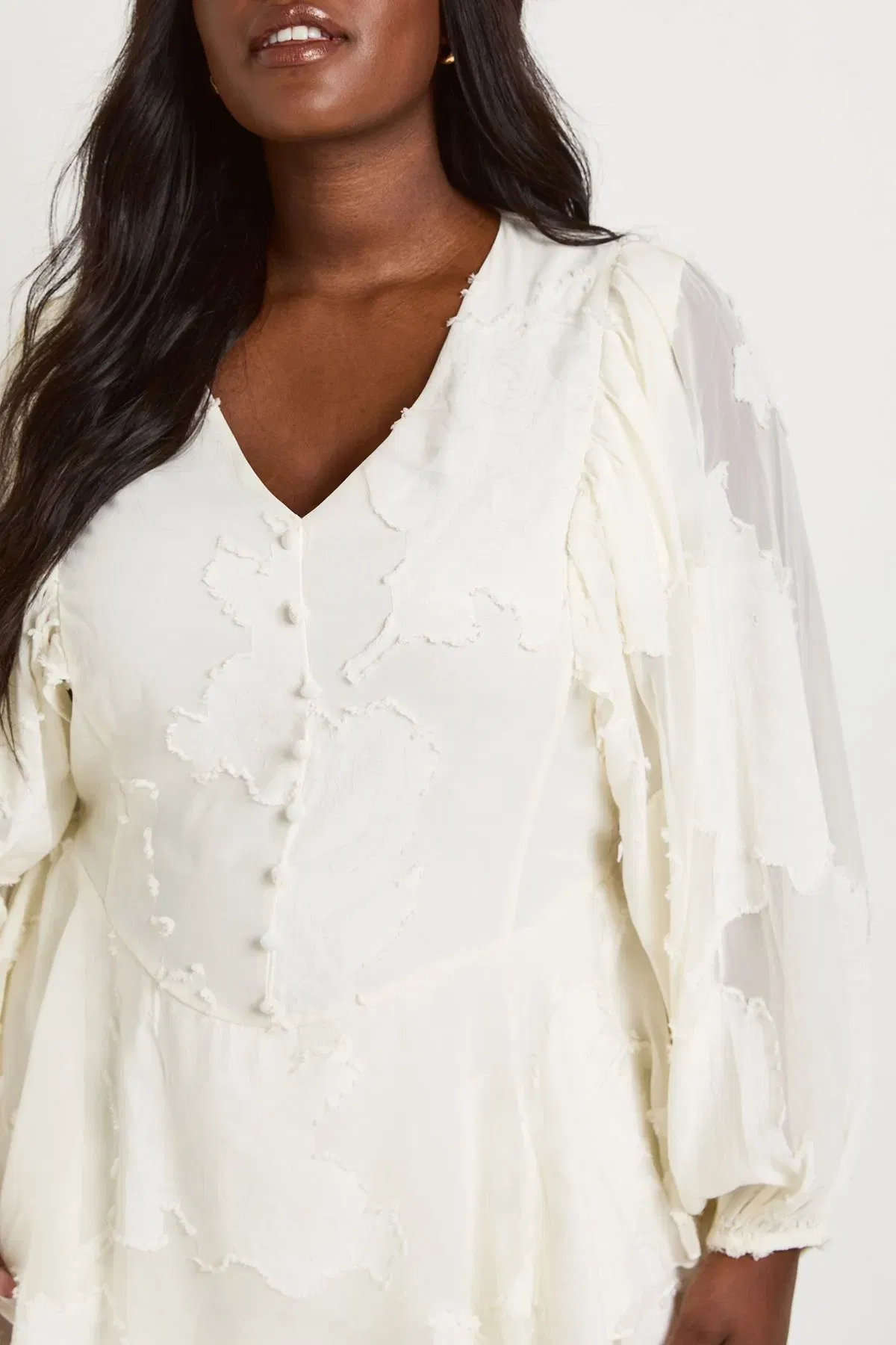 Plus Floral Burnout Volume Sleeve Ruffle Hem Skater Dress